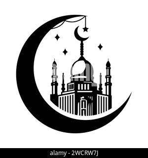 Mosque and crescent moon, hand drawn vector illustration design, isolated on crescent moon and lantern design. Stock Vector