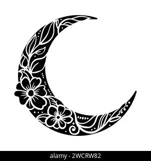 Vector floral crescent moon. Decorative illustration in boho style. Hand-drawn ethnic symbol. For Ramadan Kareem concept. Stock Vector