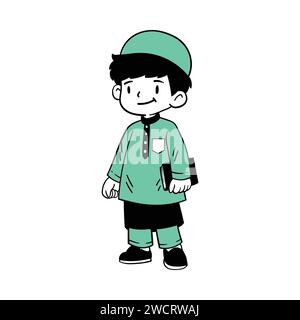 line art vector of praying time in Muslim boy during Ramadan. Blessings of fasting and its breaking after evening. Hand drawn vector illustration Stock Vector