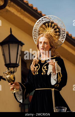 Zamora, Spain - April 7, 2023: Mary Magdalene sculpture during Holy Week processions Stock Photo