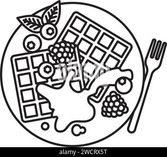 Waffles with berry fruit on plate vector line icon for International Waffle Day on March 25 Stock Vector
