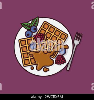 Waffles with berry fruit and caramel sauce on plate vector illustration for International Waffle Day on March 25 Stock Vector
