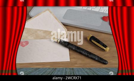 3D illustration. Open curtain in theater or cinema reveals the symbols of love. Suitable for Valentine's Day, Valentine's Day. Stock Photo