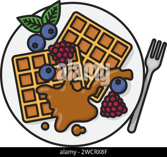 Waffles with berry fruit and caramel sauce on plate isolated vector illustration for International Waffle Day on March 25 Stock Vector