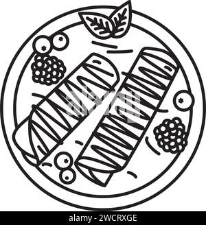 Bavarian Crepes with chocolate topping and berry fruit on plate vector line icon for Bavarian Crepes Day on March 22 Stock Vector