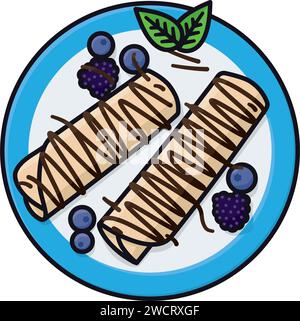 Bavarian Crepes with chocolate topping and berry fruit on plate isolated vector illustration for Bavarian Crepes Day on March 22 Stock Vector