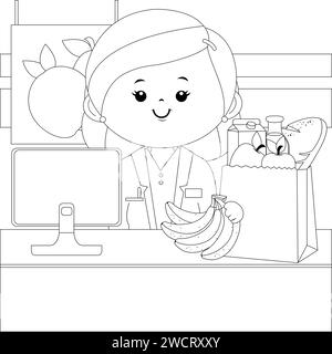 Grocery store employee at the supermarket counter filling a shopping bag with groceries. Vector black and white coloring page. Stock Vector