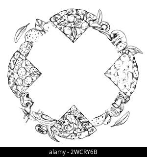 Hand drawn vector ink illustration. Pizza slices and toppings ingredients, Italian cuisine meal. Wreath frame isolated on white. Design for restaurant Stock Vector