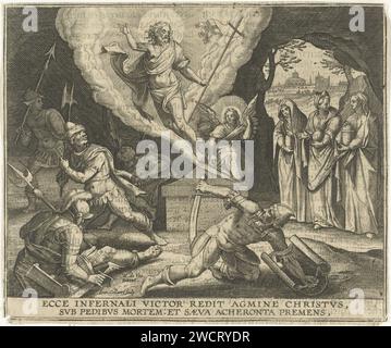 Resurrection of Christ, Jan Collaert (II), After Maerten de Vos, 1597 print Christ rises from his grave. The soldiers who lie around the grave wake up and flee. On the right the arrival of the three holy women at the grave. The print has a Latin caption. Antwerp paper engraving Christ, usually holding a banner, arises from the grave; often combined with sleeping and/or frightened soldiers. the holy women (the three Maries) on their way to or at the tomb, to anoint Christ's body Stock Photo