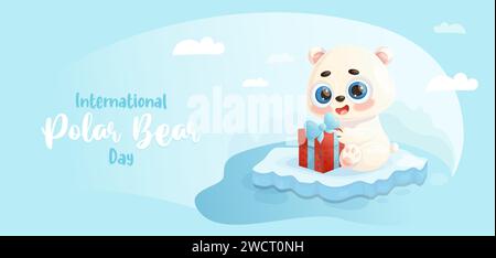 Cute polar bear with gift on ice floe. Holiday International Polar Bear Day. February 27. Vector horizontal illustration in cartoon style with animal Stock Vector