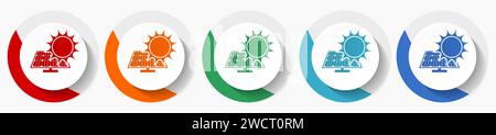 Sun over solar panel vector icon set, flat icons for logo design, webdesign and mobile applications, colorful round buttons Stock Vector