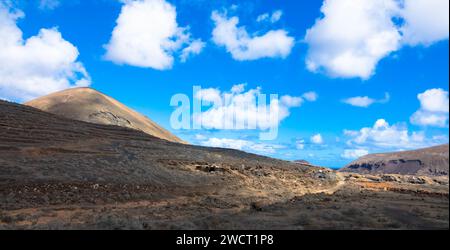 Spectacular view of the Fire Mountains at Timanfaya National Park, this unique area consisting entirely of volcanic soils. Lanzarote, Spain Stock Photo