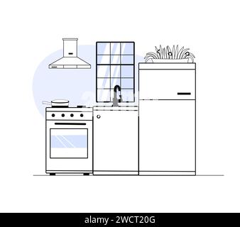 Kitchen outline interior design. Simple contour illustration of home small kitchen with furniture and equipment. Stock Vector