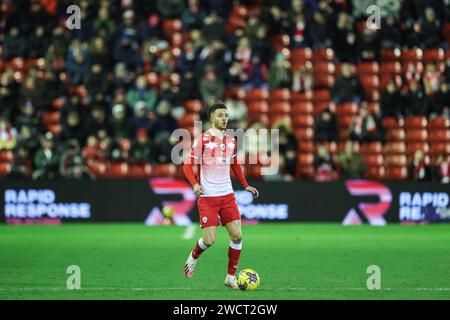 Barnsley, UK. 16th Jan, 2024. Jordan Williams of Barnsley with the ball during the Sky Bet League 1 match Barnsley vs Carlisle United at Oakwell, Barnsley, United Kingdom, 16th January 2024 (Photo by Mark Cosgrove/News Images) in Barnsley, United Kingdom on 1/16/2024. (Photo by Mark Cosgrove/News Images/Sipa USA) Credit: Sipa USA/Alamy Live News Stock Photo