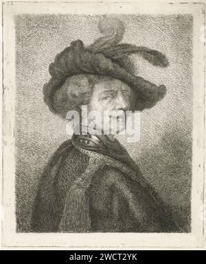 Tronie of a man with a feathered beret, Johannes Mock, after Rembrandt van Rijn, 1827 print  Netherlands paper etching head-gear: hat Stock Photo