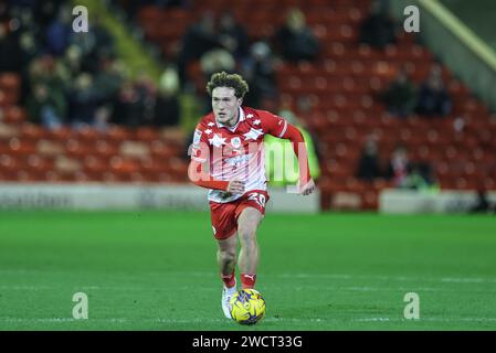 Barnsley, UK. 16th Jan, 2024. Callum Styles of Barnsley breaks with the ball during the Sky Bet League 1 match Barnsley vs Carlisle United at Oakwell, Barnsley, United Kingdom, 16th January 2024 (Photo by Mark Cosgrove/News Images) in Barnsley, United Kingdom on 1/16/2024. (Photo by Mark Cosgrove/News Images/Sipa USA) Credit: Sipa USA/Alamy Live News Stock Photo