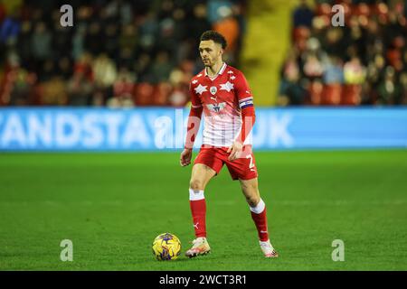 Barnsley, UK. 16th Jan, 2024. Jordan Williams of Barnsley with the ball during the Sky Bet League 1 match Barnsley vs Carlisle United at Oakwell, Barnsley, United Kingdom, 16th January 2024 (Photo by Mark Cosgrove/News Images) in Barnsley, United Kingdom on 1/16/2024. (Photo by Mark Cosgrove/News Images/Sipa USA) Credit: Sipa USA/Alamy Live News Stock Photo