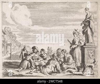 Elegant company in Tuin, Cornelis de Wael, 1630 - 1648 print An elegant company sits together on a path in a garden. On the right a statue of Venus with Amor. A dog looks up at the image. Italy paper etching / engraving garden. private festivities, merry company. (story of) Venus (Aphrodite). dog Stock Photo