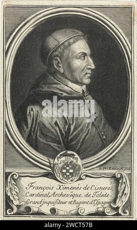 Portret Van Francisco Jiménez de Cisneros, Gaspar François Edelinck, 1654 - 1722 print Portrait of the Spanish cardinal and statesman Francisco Jiménez de Cisneros (1436-1517), depicted in oval accompaniment with weapon. Under the weapon a cartouche with three lines of French text. Paris paper engraving Stock Photo