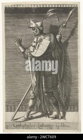 Portrait of Godfried III with the Bult, Duke of Lower Lorraine and Count of Holland, Philips Galle (Attributed to Workshop or), After Willem Thibaut, 1578 print Godfried III with the bump. Duke of Lower Lorraine and Count of Holland. Standing, back. He wears a rocket in his right hand. On his left shoulder the coat of arms of Holland. The print serves as an illustration in a book about the history of the Counts of Holland. print maker: Antwerpafter design by: Haarlemprinter: Antwerppublisher: Antwerp paper engraving Stock Photo