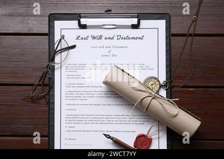 Last Will and Testament, scroll, glasses, pocket watch and pen on wooden table, flat lay Stock Photo