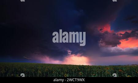 A dramatic storm scene with vibrant lightning over a sunflower field at dusk Stock Photo
