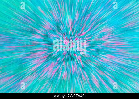 Dynamic abstract explosion of teal and pink streaks radiating from a central point resembling a burst of energy or a floral display Stock Photo