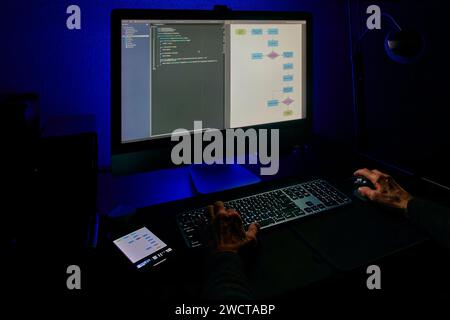 Developer's hands working on a project with code editor and flowchart displayed on a computer monitor in a dark room. Stock Photo