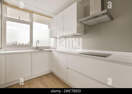 A modern kitchen featuring sleek white cabinetry, built-in appliances, and a wide window with a view. Stock Photo