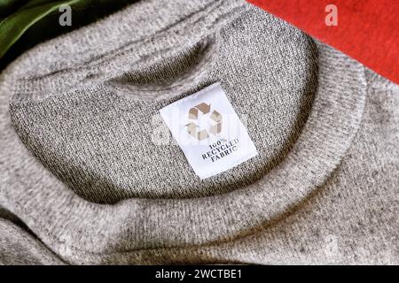 Knitted fabric with label saying 'recycled fabric' Stock Photo - Alamy
