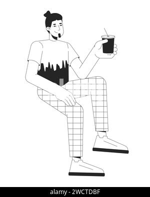 Smiling caucasian man chilling with drink black and white 2D line cartoon character Stock Vector