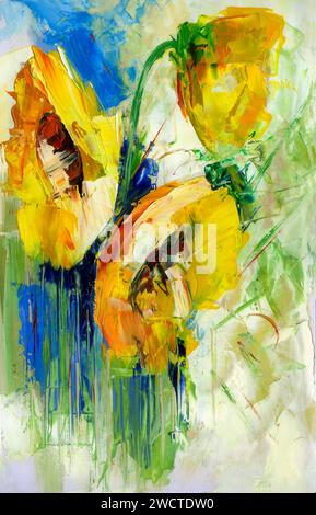 A still life oil painting abstract artwork featuring yellow flowers, ideal for home decor Stock Photo