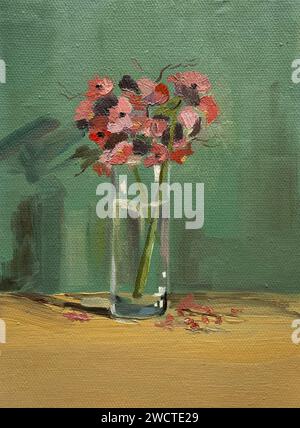 A still life oil painting abstract artwork featuring a vase of flowers, ideal for a home decor Stock Photo
