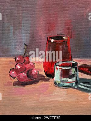 A still life oil painting abstract artwork featuring a glass vase and grapes, ideal for home decor Stock Photo