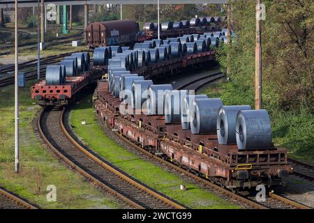 Duisburg, Ruhr area, North Rhine-Westphalia, Germany - ThyssenKrupp Steel Europe, steel coils from the hot strip mill cool down on freight cars in the Stock Photo