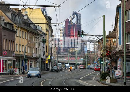 Duisburg, Ruhrgebiet, Nordrhein-Westfalen, Germany - City view with ThyssenKrupp Steel Huettenwerk, Friedrich-Ebert-Strasse in Meiderich-Beeck, Thysse Stock Photo