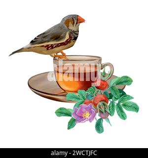 Cup of tea, rosehip, bird. Vector illustration in graphic style. Cards, invitations, spring banners, packaging, covers, labels, flyers. Stock Vector
