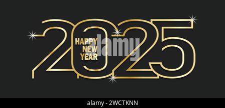 Happy New Year 2025 greeting card. Golden numbers on black background. Vector illustration. Stock Vector
