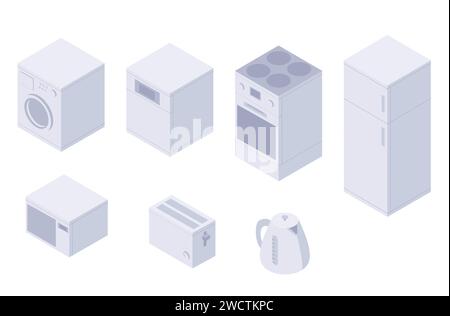 Set of isometric kitchen home utilities, kitchenware. A washing machine, dishwasher, oven, stove, fridge, microwave, toster, kettle. Household utensil Stock Vector