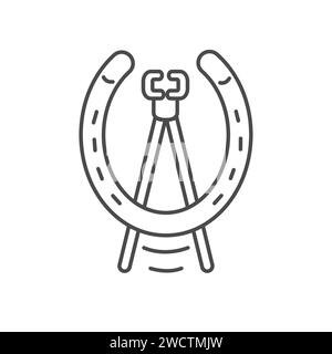 Horseshoe icon and nail pulling tool of blacksmith. Logo, farrier business. Equestrian sport. Vector flat outline. Vintage line art illustration. Stock Vector