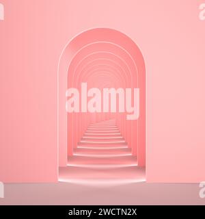 Pink surreal 3d render. Abstract arch corridor pastel pink background concept rendering. Surrealistic interior 3d illustration. Stock Photo