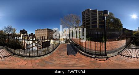 360 degree panoramic view of A 360° panoramic view from Bunkers Hill Lookout in The Rocks, from below the brutalist design Sirius building on Gloucester Walk, Sydney, Australia