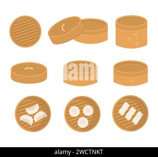 Set of Chinese bamboo steamer in different angle. Serving of dimsum dumplings, gyoza. Asian cuisine. Flat vector cartoon illustration. Stock Vector