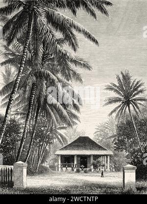 Old Dutch colonial architecture in in the ancient city of Batavia. Jakarta, Java island. Indonesia, Southeast. Six weeks in Java  1879 by Desire Charnay (1828 - 1915) Old 19th century engraving from Le Tour du Monde 1880 Stock Photo