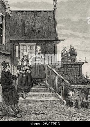 Leaving for the temple in Marken, Zuiderzee , Holland. Europe. Netherlands 1878 by Charles de Coster (1827 - 1879) Old 19th century engraving from Le Tour du Monde 1880 Stock Photo