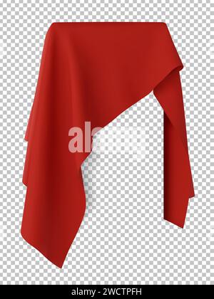 Red fabric covering a blank template for mobile phone, painting, or any other rectangular object or your design. Concept of new release, unveiling, pr Stock Vector