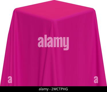 Pink fabric covering a cube or rectangular shape, isolated on white background. Can be used as a stand for product display, draped table. Vector illus Stock Vector