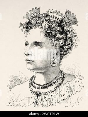 Headdress of a rich Darien woman. Republic of Panama. Central America. Explorations in the Isthmus of Panama and Darien 1876-1878 by Armand Reclus (1843 - 1927) Old 19th century engraving from Le Tour du Monde 1880 Stock Photo