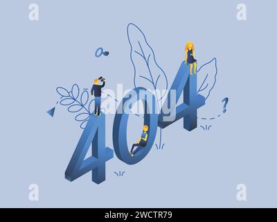 Concept of 404 error for landing page. Isometric people searching hanging sitting waiting and feeling lost on numbers. Transparent leafs on violet blu Stock Vector