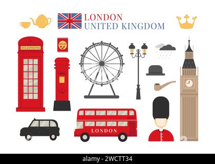 England London icon flat vector set. Cultural symbols of United Kingdom. Red phone booth, british mailbox, royal guardsman, teapot, Big Ben, double de Stock Vector